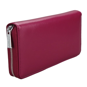 Detail of rose red leather texture and silver metal zipper on long passport wallet