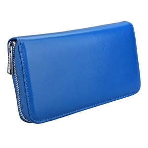 Detailed macro of bright blue lychee texture leather wallet with silver metal zipper