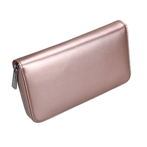 Detail of rose gold leather accordion wallet with lychee grain texture and silver zipper