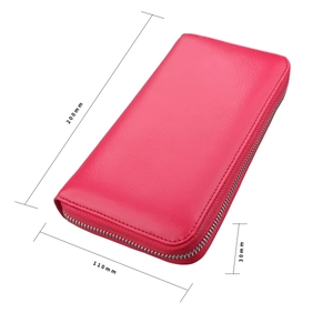 Detail view of magenta leather accordion wallet with dimensions 200mm x 110mm x 30mm