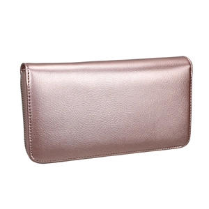 Close-up of rose gold pebbled leather texture on a long zipper wallet for women