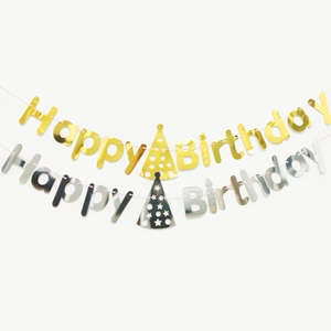 Metallic Happy Birthday banner in gold and silver for party decoration