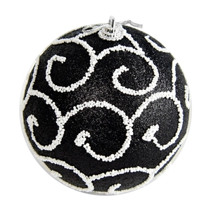 8cm black Christmas ball ornament with white glitter swirls and silver hanging loop