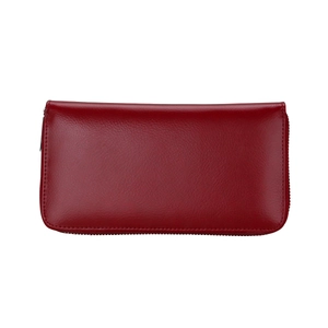 Detail of red leather wallet with lychee texture and secure metal zipper closure