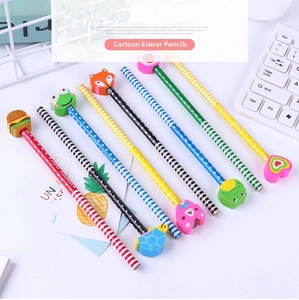 Detail of colorful HB pencils with 3D animal and food shaped erasers on a clean desk