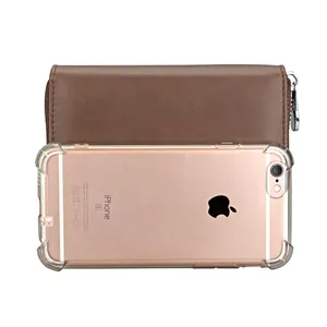 Detail view of brown leather zipper wallet paired with clear anti-drop phone case cover