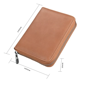 Detailed size specifications for a brown leather RFID wallet measuring 130mm x 105mm x 30mm