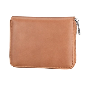Close-up of brown leather RFID wallet featuring matte finish and silver metal zipper detail