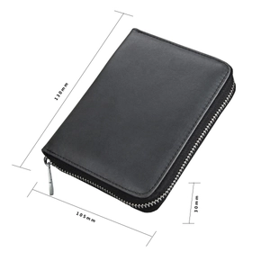 Detailed size chart showing dimensions of 130mm x 105mm x 30mm for the black leather wallet