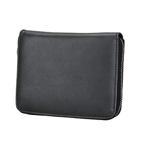 Detail of a black leather RFID wallet showing fine texture and smooth metal zipper