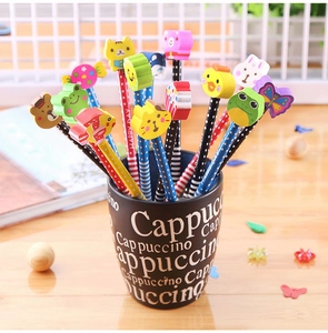 Close-up of colorful cartoon HB pencils with erasers in a black pencil holder on wooden desk