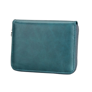 Detail view of deep cyan leather texture and zipper closure on the RFID wallet