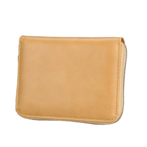 Detail view of a beige RFID leather card holder with secure zipper and neat stitching