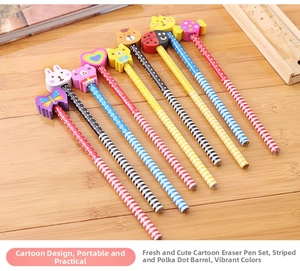 Close-up of assorted HB pencils with colorful cartoon animal shaped erasers on wooden desk