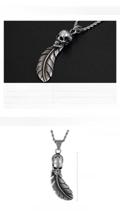 Detailed view of skull and feather stainless steel pendant with chain and dimensions