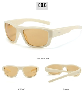 Three-angle views of cream Y2K sports sunglasses with translucent amber lenses