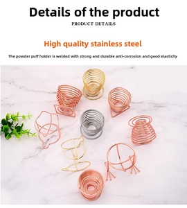 Detailed view of various metal makeup sponge holders in rose gold and silver finishes