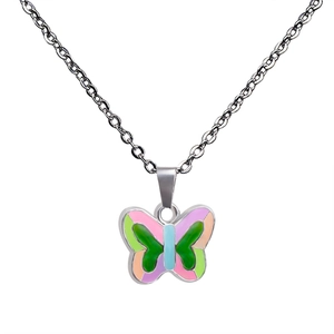 Luminous color-changing butterfly pendant necklace with multi-colored enamel on silver chain