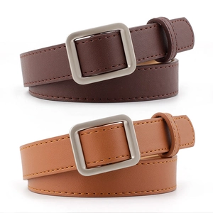 Womens Simple Belt Faux Leather PU Strap Alloy Square Pin Buckle Retro Slim Waistband For Jeans Dresses