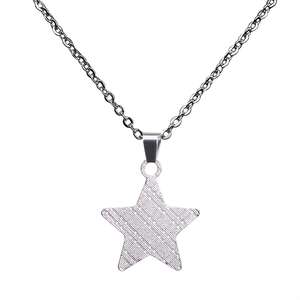 Detail of silver star pendant with intricate woven texture on a simple link chain