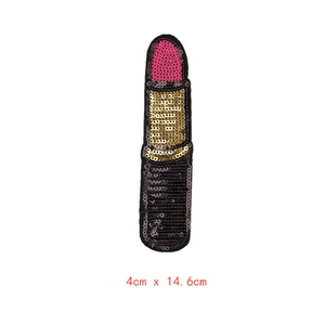 Embroidered lipstick sequin patch for DIY clothing decor in pink and gold, 4x14.6cm