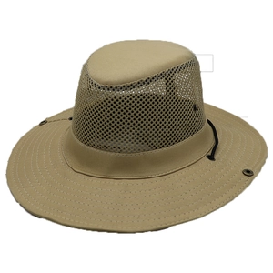 Khaki wide brim outdoor sun hat with breathable mesh and windproof rope for hiking