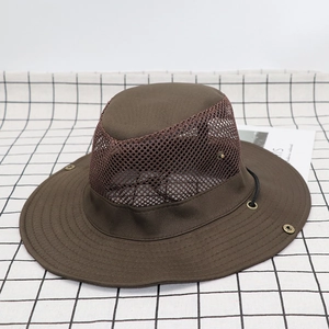 Brown camouflage sun hat with breathable mesh and adjustable windproof drawstring for hiking