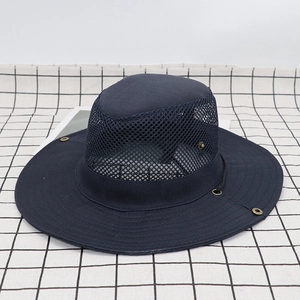 Dark blue wide-brimmed sun hat with breathable mesh and adjustable windproof strap