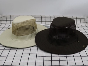 Detail of wide brim outdoor sun hats with breathable mesh ventilation and metal buttons