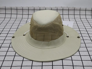 Detail view of khaki sun hat featuring breathable mesh panels and adjustable chin strap