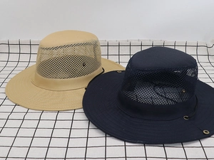 Detail of outdoor sun hats with breathable mesh panels and adjustable chin straps