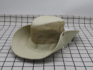 Detail of light khaki sun hat with breathable mesh panels and adjustable drawstring