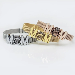 Steel mesh bracelets with MOM charms in silver, gold, and rose gold finishes