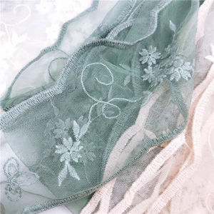 Lace embroidered scarf with floral patterns in grey-green and beige mesh fabric detail