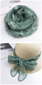 Detailed embroidered floral lace ribbon used as a stylish hat decoration accessory