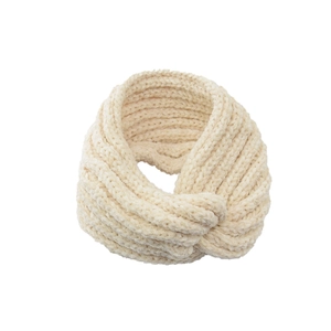 Close-up of beige knitted ear warmer headband showing thick ribbed wool texture and soft yarn
