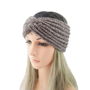 Detail of taupe knitted ear warmer headband showing plush chenille texture and knot design
