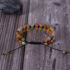 Bohemian double-layer natural agate beaded bracelet with adjustable black woven cord