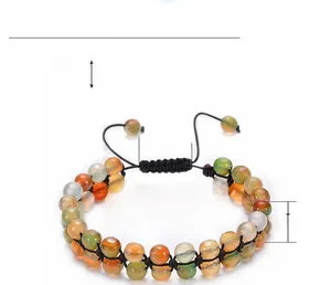 Detail view of double-layered natural agate bead bracelet with adjustable black braided cord