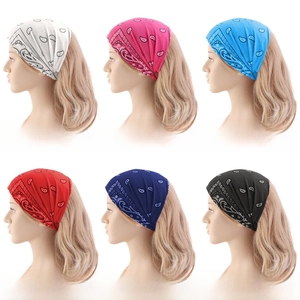 Collage of six cotton paisley headbands in white, pink, turquoise, red, navy, and black colors