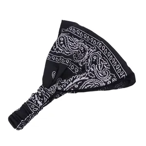 Detailed view of black paisley print elastic headband with soft stretch fabric for sports
