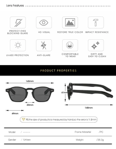 Technical dimensions and UV400 protection features of these vintage round sunglasses