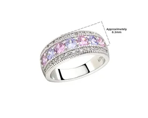 Detail of 925 silver ring band with rows of pink and lavender cubic zirconia stones