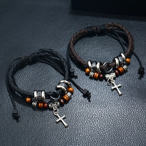 Punk style men's braided leather cross bracelets with wooden beads and metal charms