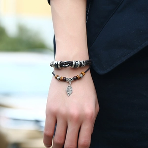 Men's multilayer braided leather bracelet set with leaf pendant and antique silver charms
