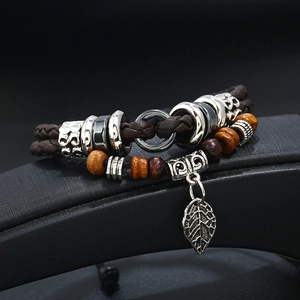 Multilayer braided leather bracelet with vintage leaf pendant and silver metal beads