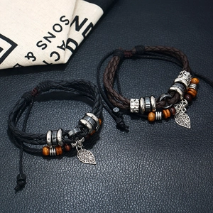 Men's multilayer braided leather bracelets with leaf pendant in black and brown