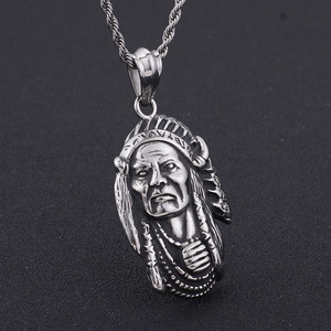 Vintage tribal Indian chief pendant necklace in dark stainless steel for men and women