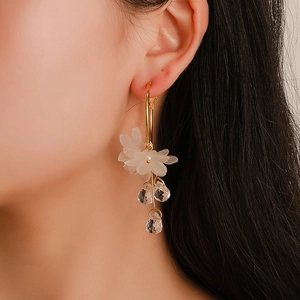 Fashion Alloy Flower Hoop Tassel Dangle Earrings For Women Gold Plated White 3D Floral Rhinestone Drop Earrings Elegant Jewelry