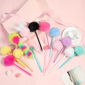 Pom Pom Ballpoint Pen Plastic With Artificial Fur Cute Donut Glitter Heart Novelty Writing Stationery For Student Office
